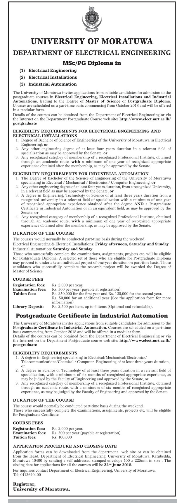 MSc/PG in Electrical Engineering, Electrical Installations, Industrial Automation - Department of Electrical Engineering - University of Moratuwa